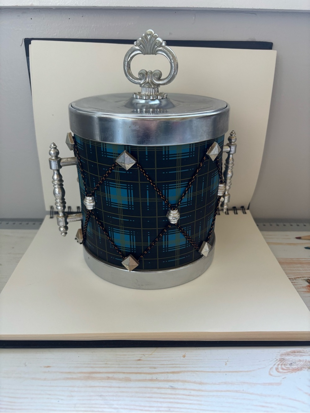 Vintage blue 1970s tartan ice bucket